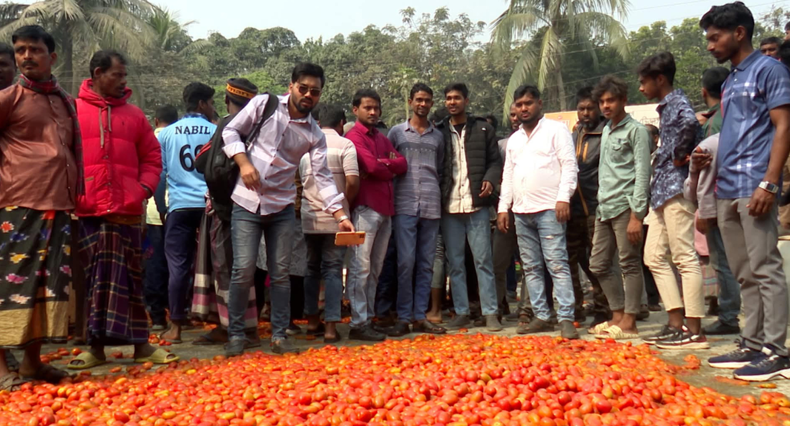 মহাসড়কে টমেটো ছিটিয়ে তিন জেলার চাষীদের বিক্ষোভ