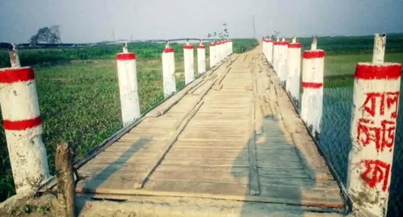 বিস্তৃর্ণ চরে কাঠের ভাঙ্গা সেতুটি সংস্কার করছে একদল সেচ্ছাসেবী